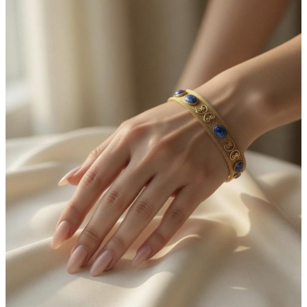 Vintage Gold Tone Mesh Bracelet Lapis Glass Cabochon Filigree Victorian Revival